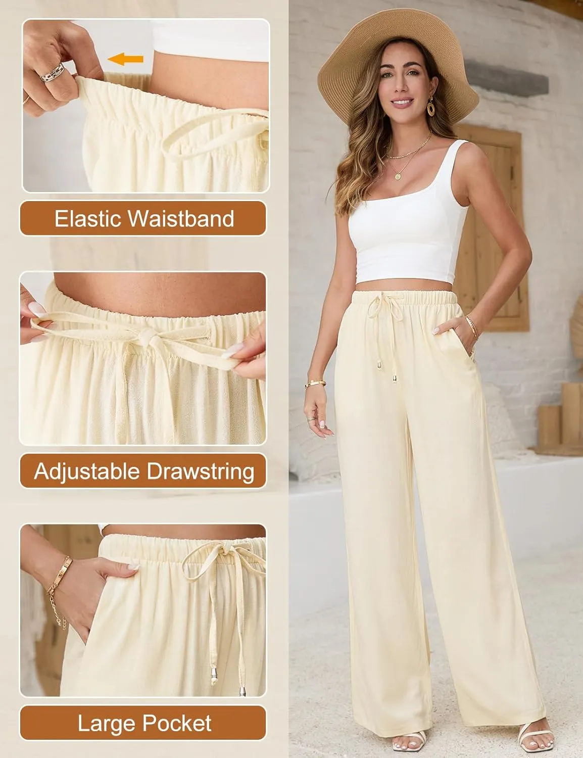 Womens Linen Pants High Waisted Wide Leg Trousers Summer Palazzo Casual Pant Flowy Drawstring Beach Pants