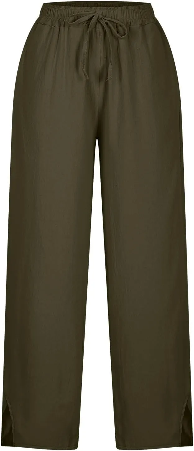Womens Linen Pants Trendy 2025 Summer Casual Drawstring Elastic Waist Trousers Lightweight Beach Vacation Outfits