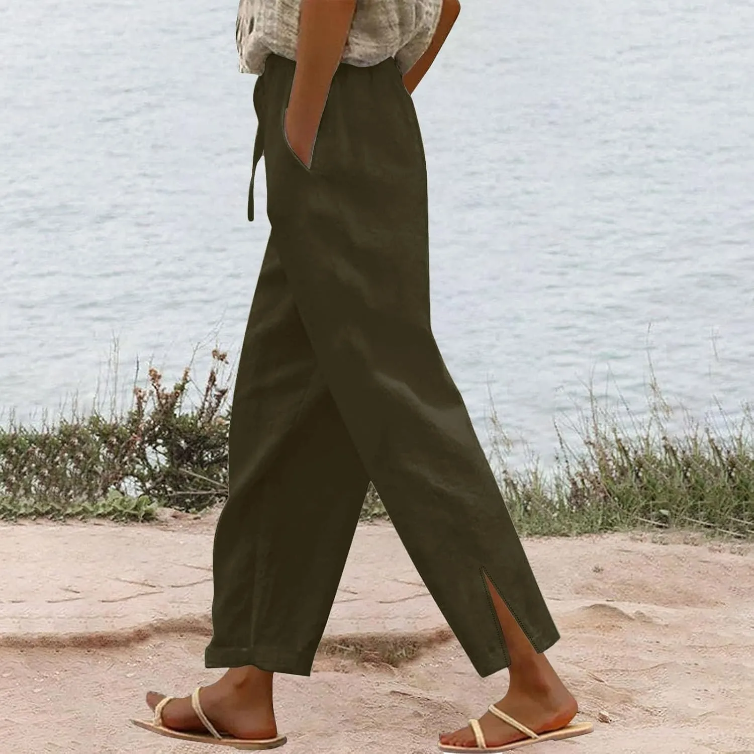 Womens Linen Pants Trendy 2025 Summer Casual Drawstring Elastic Waist Trousers Lightweight Beach Vacation Outfits