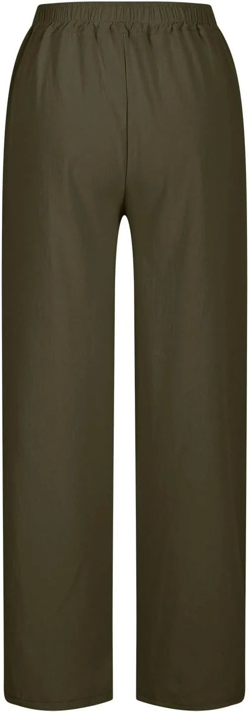Womens Linen Pants Trendy 2025 Summer Casual Drawstring Elastic Waist Trousers Lightweight Beach Vacation Outfits