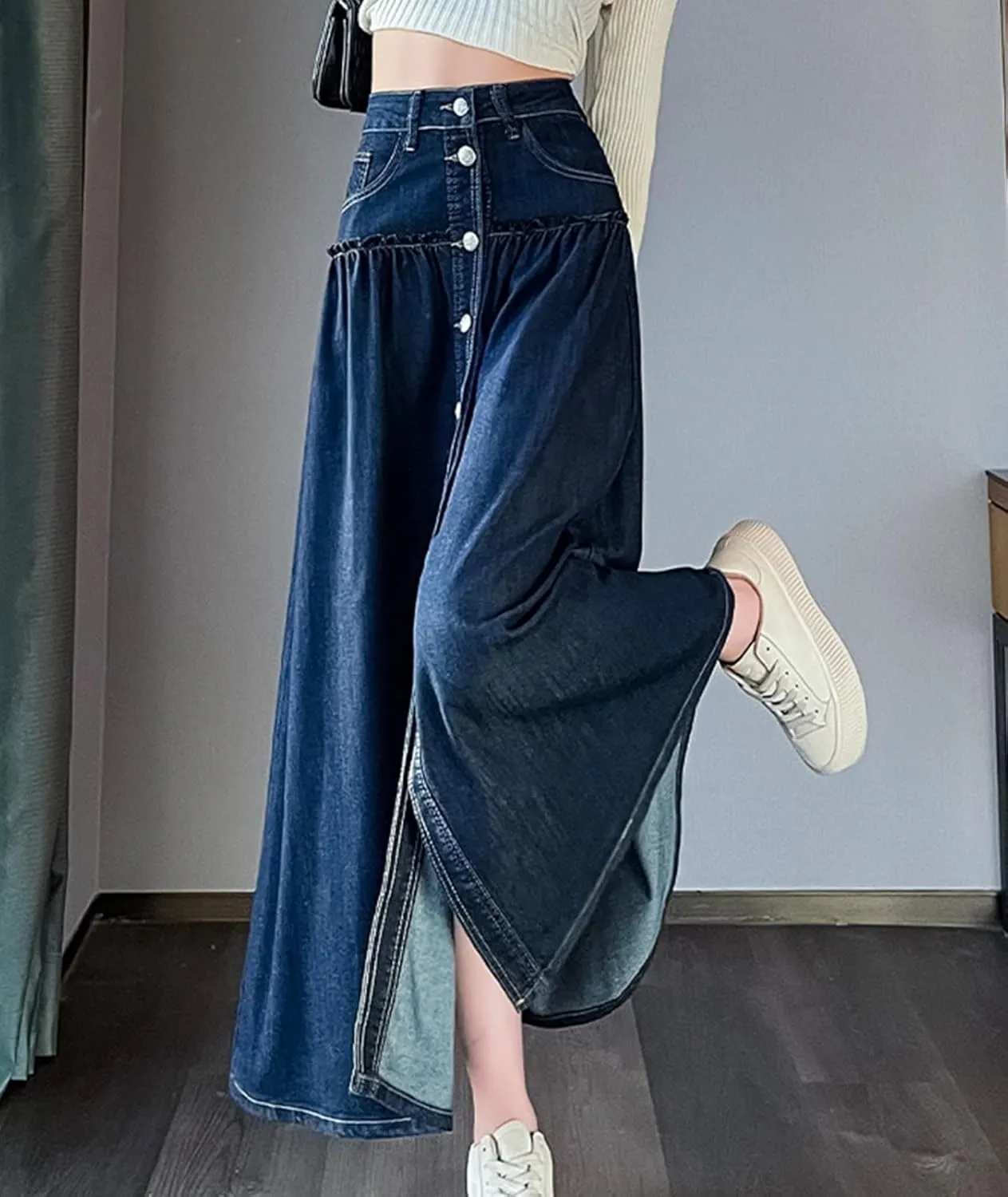Women's Long Denim Skirt with Front Split High Waisted A Line Front Button Flared Jean Skirt