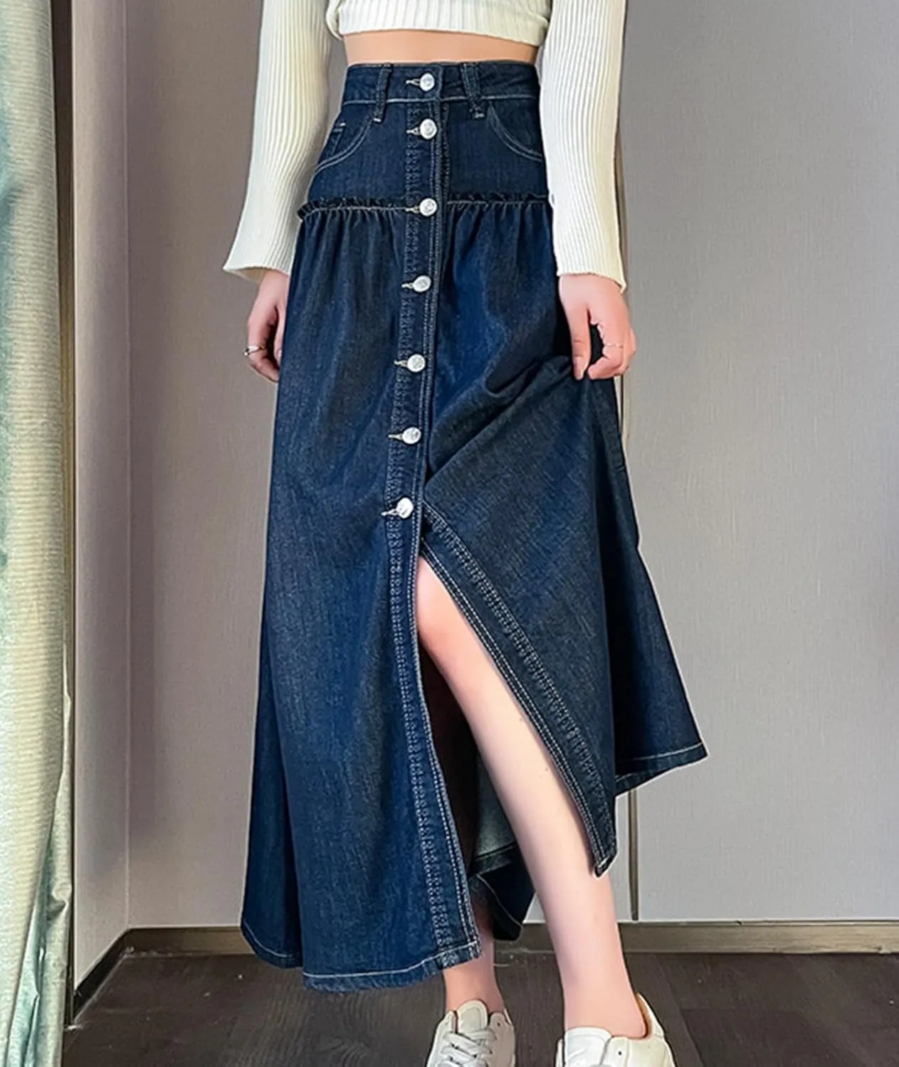 Women's Long Denim Skirt with Front Split High Waisted A Line Front Button Flared Jean Skirt