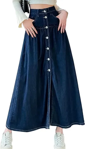 Women's Long Denim Skirt with Front Split High Waisted A Line Front Button Flared Jean Skirt