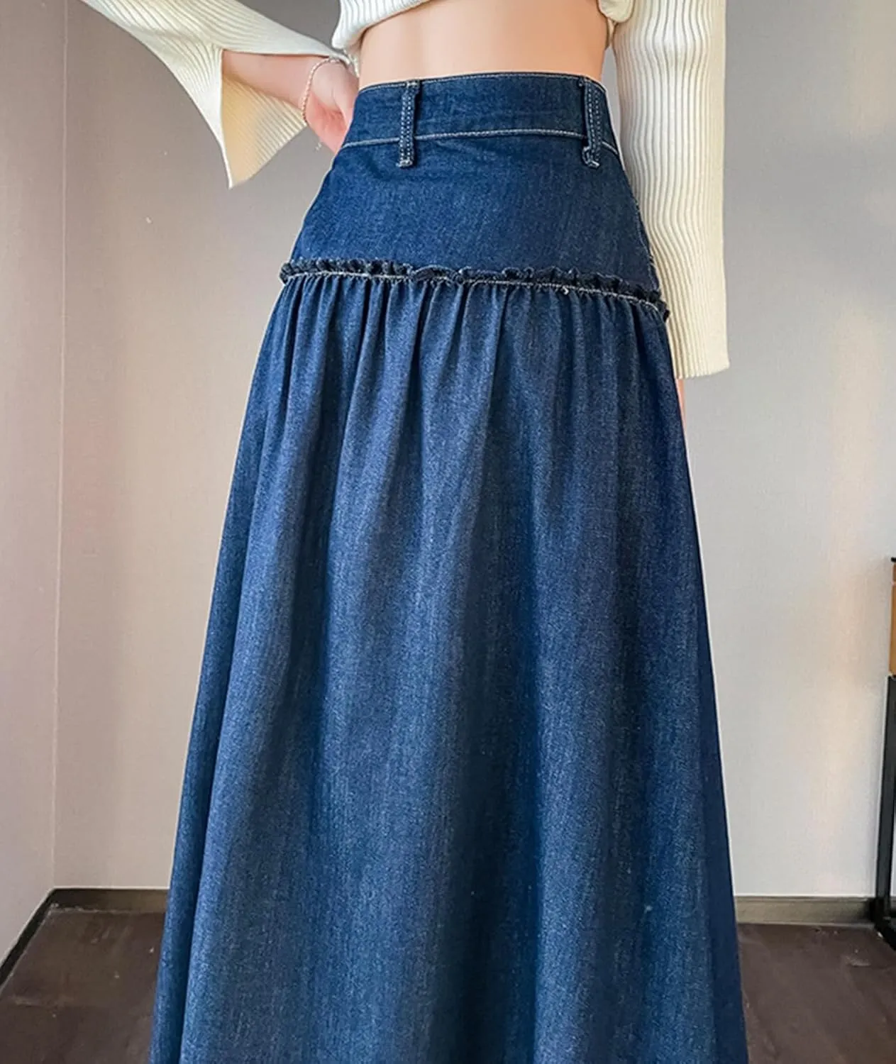 Women's Long Denim Skirt with Front Split High Waisted A Line Front Button Flared Jean Skirt