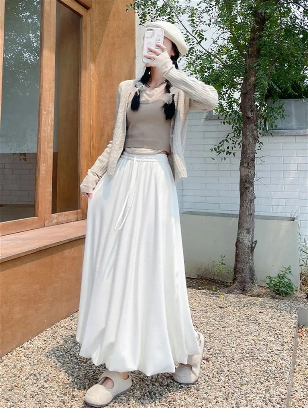 Women's Long Skirt Elastic Waist A-Line Solid Color Knitted Pleated Skirts