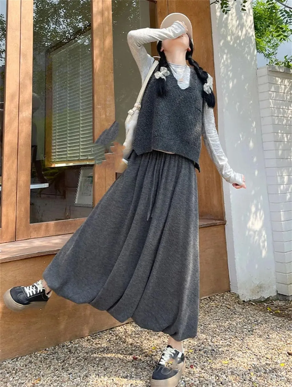 Women's Long Skirt Elastic Waist A-Line Solid Color Knitted Pleated Skirts