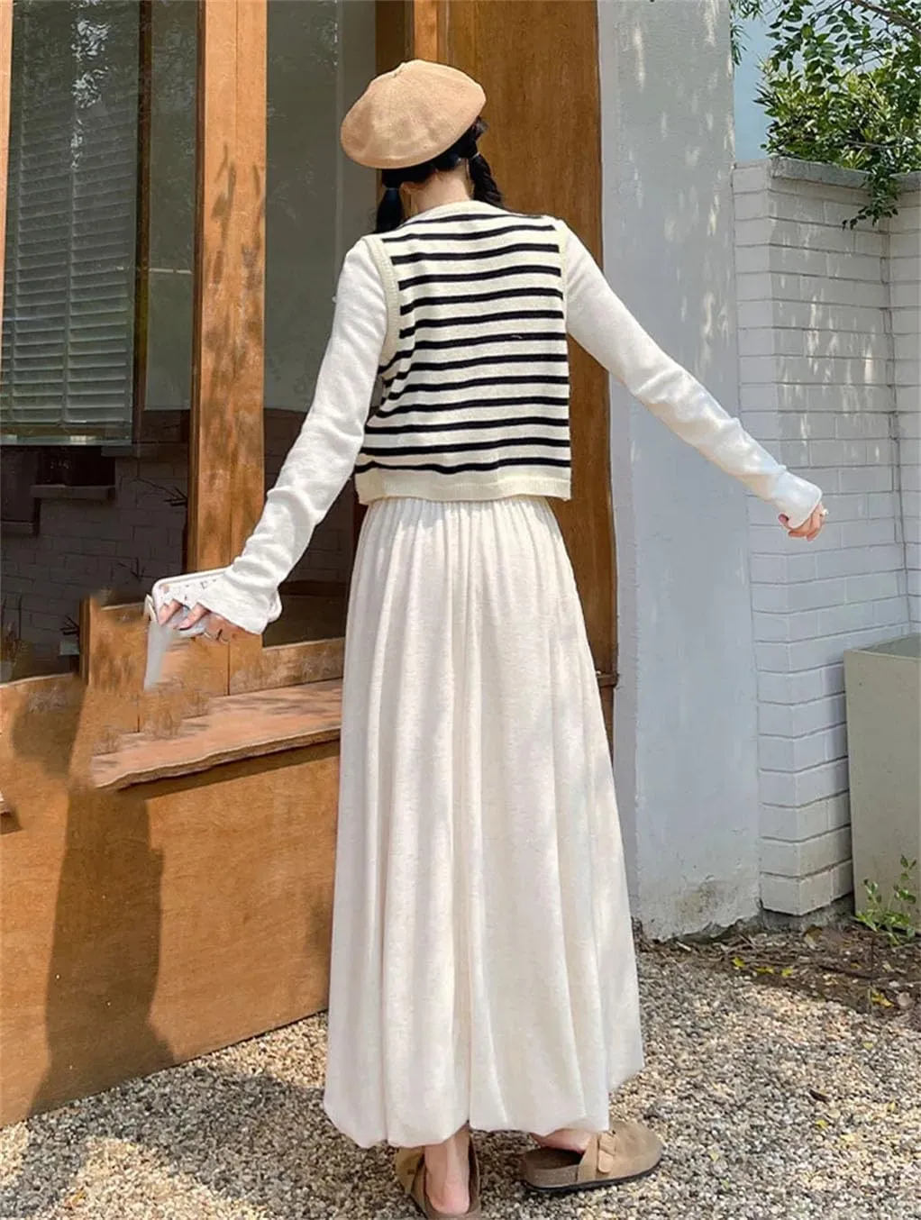 Women's Long Skirt Elastic Waist A-Line Solid Color Knitted Pleated Skirts
