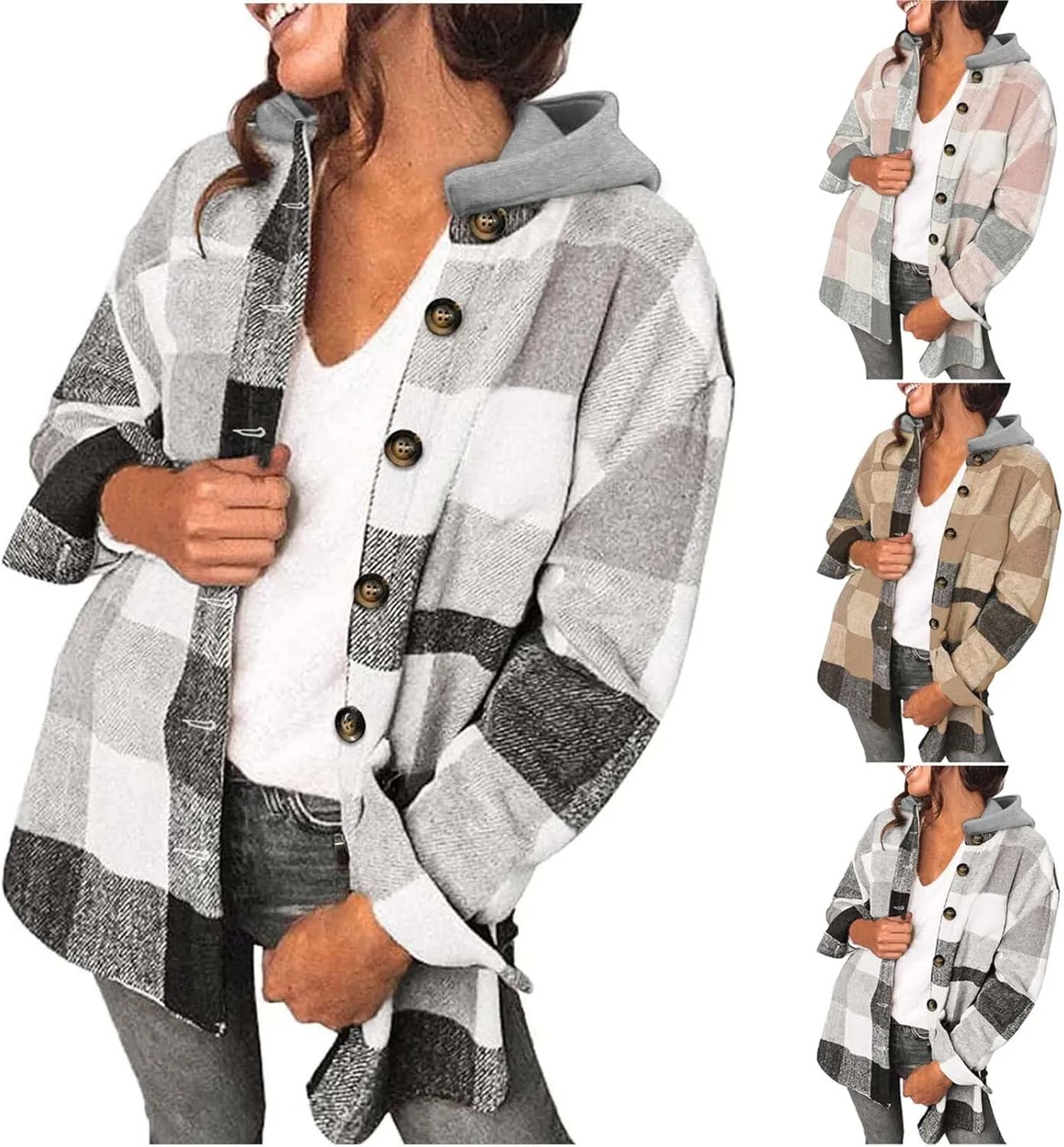 Womens Long Sleeve Button Down Plaid Shirts Casual Fall Fashion 2023 Flannel Shacket Hooded Jacket Hoodie Coats