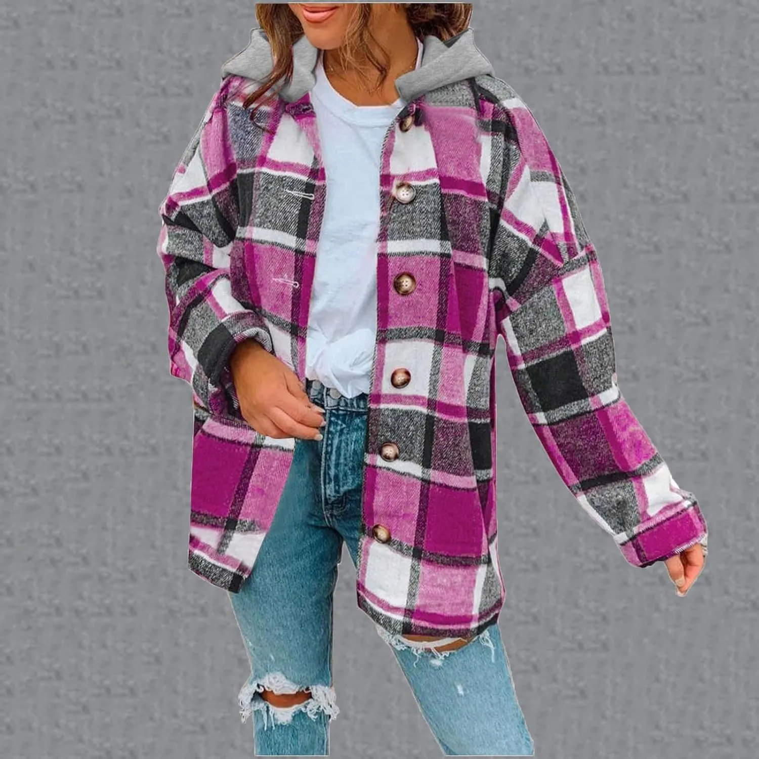 Womens Long Sleeve Button Down Plaid Shirts Casual Fall Fashion 2023 Flannel Shacket Hooded Jacket Hoodie Coats