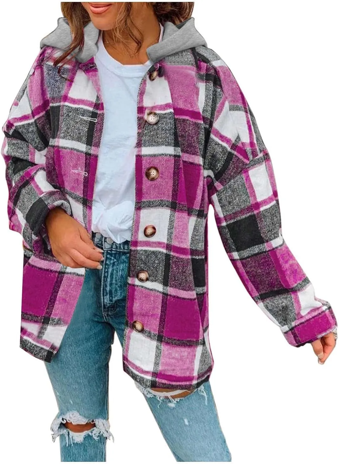 Womens Long Sleeve Button Down Plaid Shirts Casual Fall Fashion 2023 Flannel Shacket Hooded Jacket Hoodie Coats