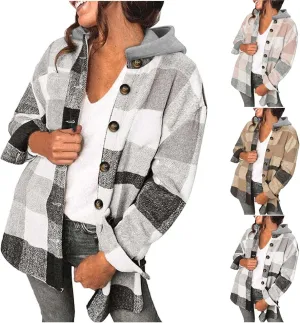 Womens Long Sleeve Button Down Plaid Shirts Casual Fall Fashion 2023 Flannel Shacket Hooded Jacket Hoodie Coats