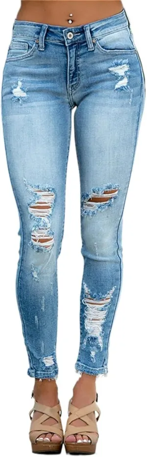 Women's Mid Rise Skinny Stretch Ripped Jeans Mid Waisted Destroyed Tight Denim Pants