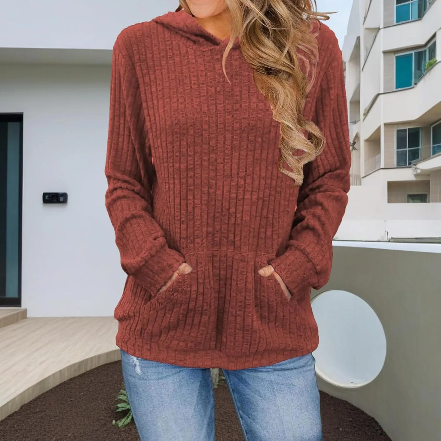 Womens Oversized Hoodies Casual Long Sleeve with Kangaroo Pocket Fall Fashion Waffle Knit Pullover Sweatshirts Tops