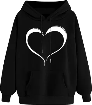 Womens Oversized Hoodies Cute Heart Printed Funny Teen Girls Hooded Sweatshirts Casual Baggy Pullover Tops for Outing
