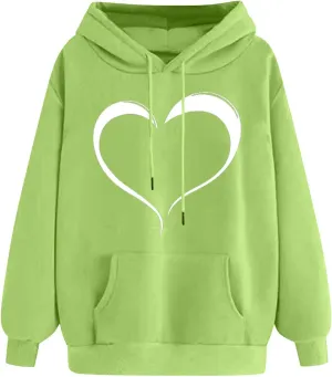 Womens Oversized Hoodies Cute Heart Printed Funny Teen Girls Hooded Sweatshirts Casual Baggy Pullover Tops for Outing