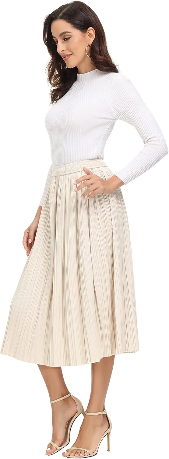 Women's Pleated Midi Skirt Casual A-line High Waist Flared Swing Skirt