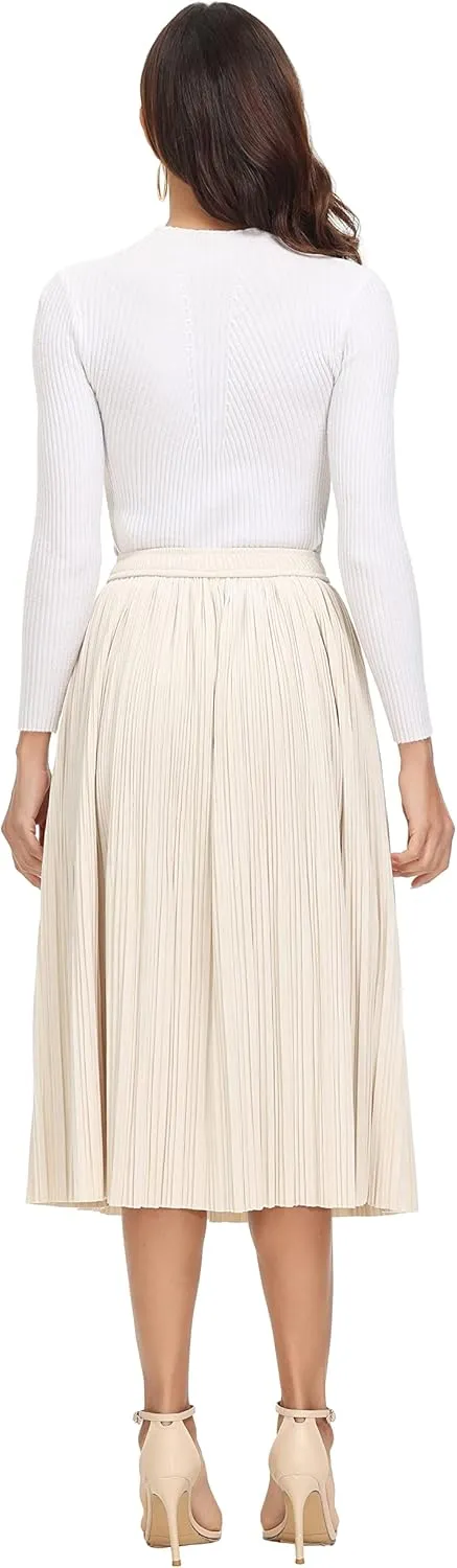 Women's Pleated Midi Skirt Casual A-line High Waist Flared Swing Skirt