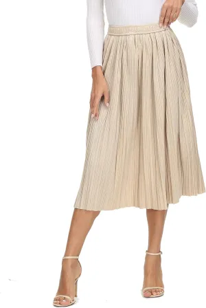 Women's Pleated Midi Skirt Casual A-line High Waist Flared Swing Skirt