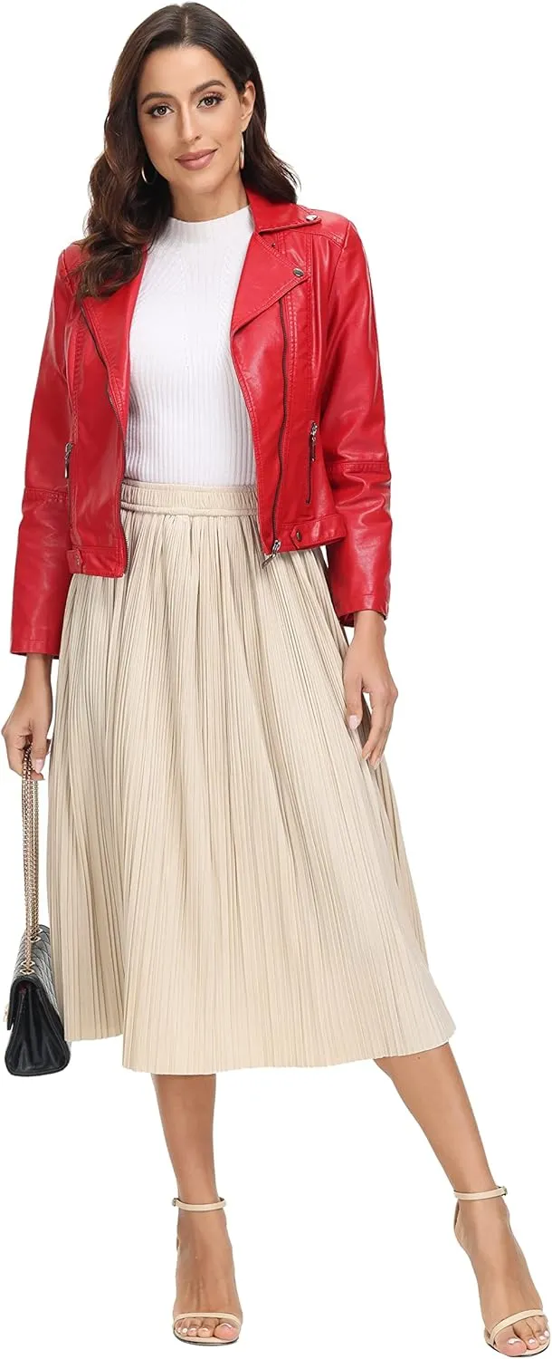 Women's Pleated Midi Skirt Casual A-line High Waist Flared Swing Skirt