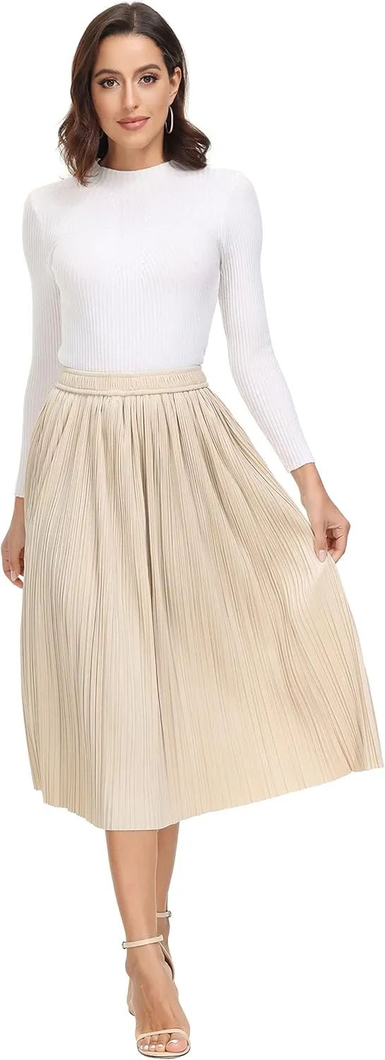 Women's Pleated Midi Skirt Casual A-line High Waist Flared Swing Skirt