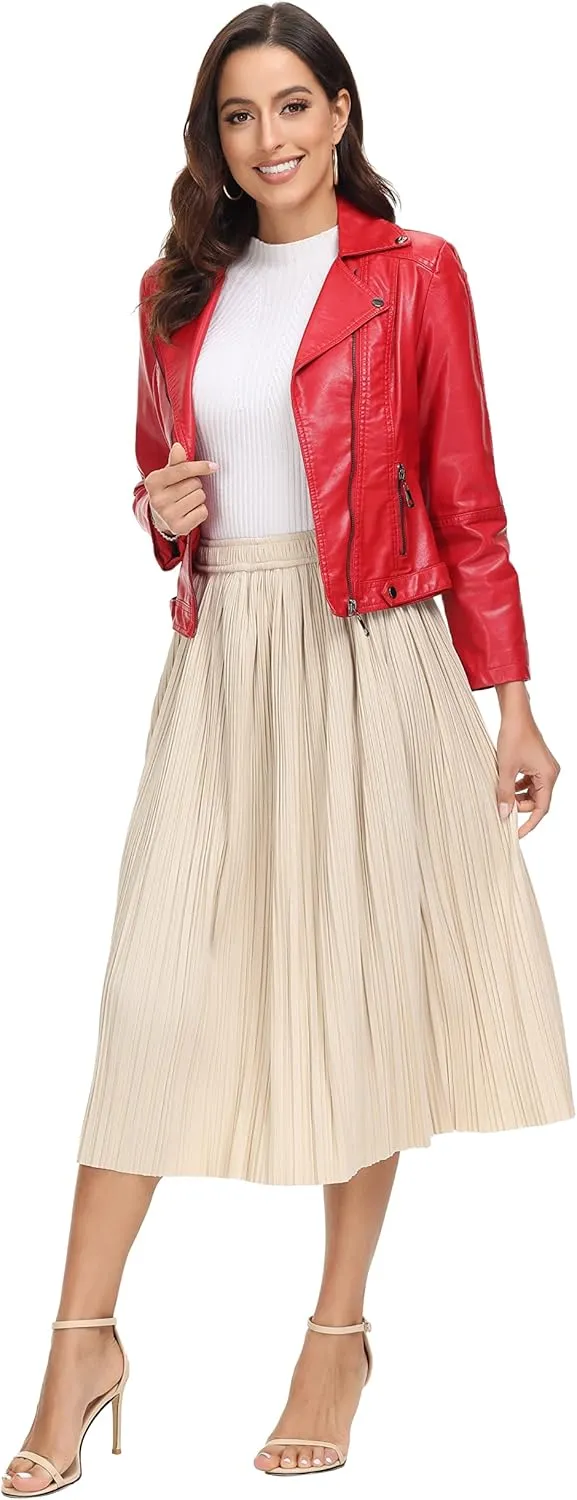 Women's Pleated Midi Skirt Casual A-line High Waist Flared Swing Skirt