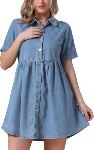 Women's Plus Size Denim Dress Babydoll Collared Short Sleeve Button Down Jean Shirtdress Mini Dresses