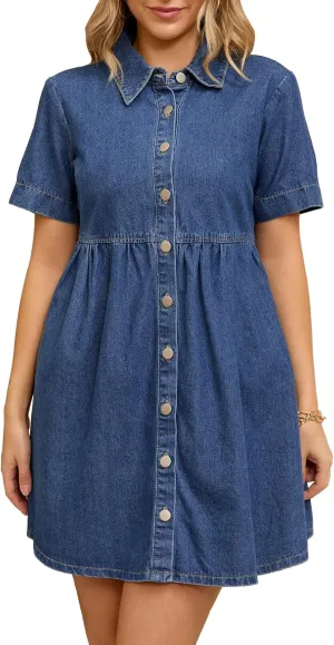 Women's Plus Size Denim Dress Babydoll Collared Short Sleeve Button Down Jean Shirtdress Mini Dresses