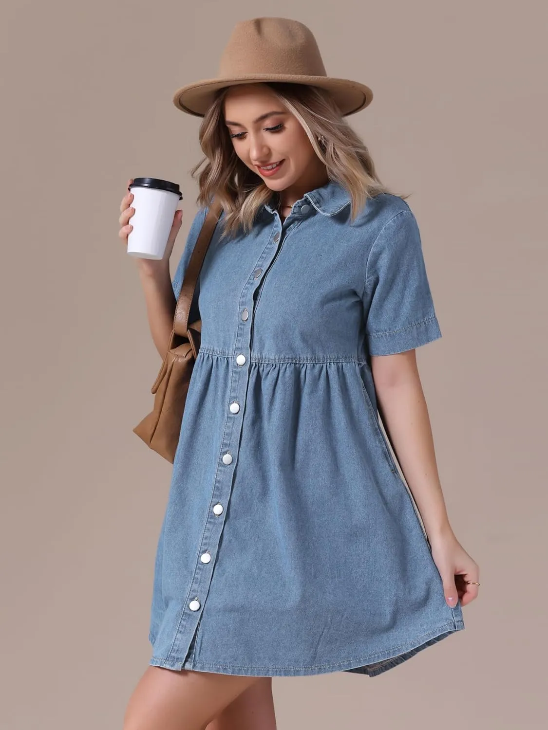 Women's Plus Size Denim Dress Babydoll Collared Short Sleeve Button Down Jean Shirtdress Mini Dresses