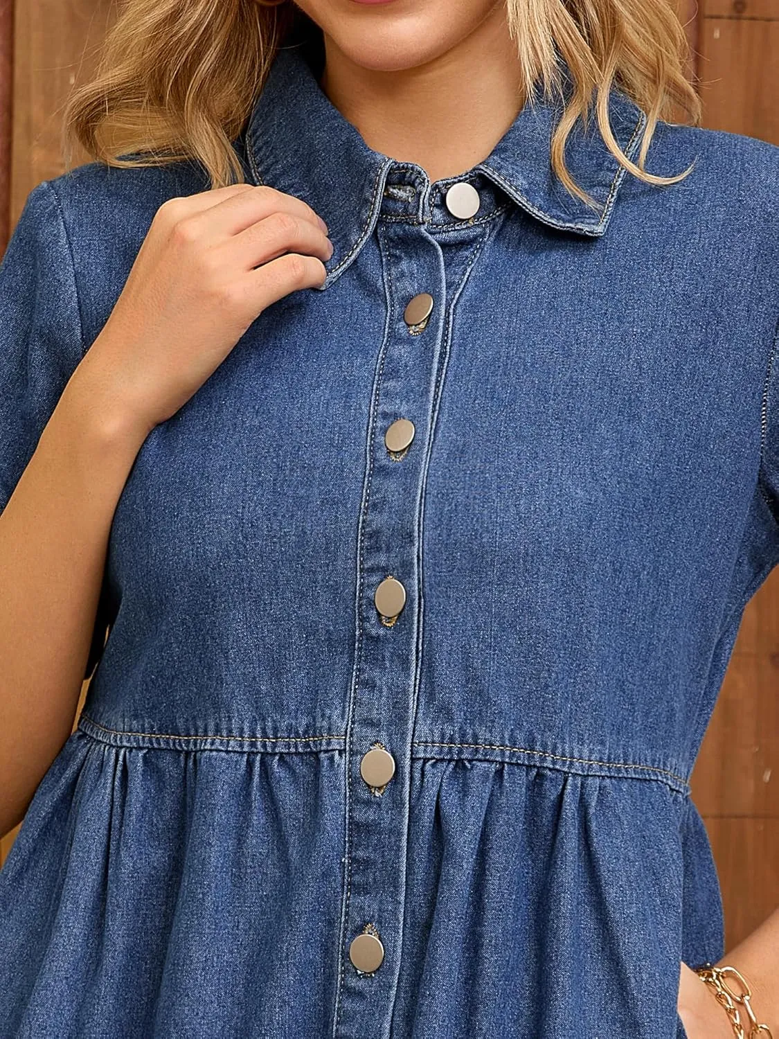 Women's Plus Size Denim Dress Babydoll Collared Short Sleeve Button Down Jean Shirtdress Mini Dresses