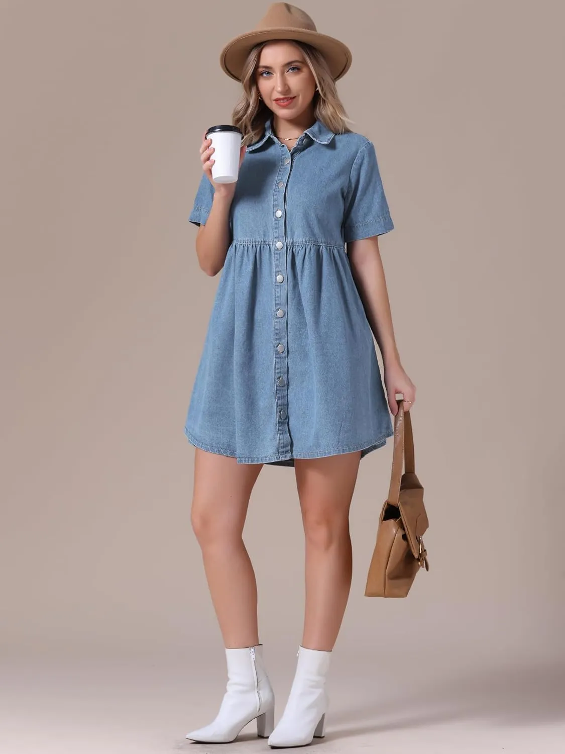 Women's Plus Size Denim Dress Babydoll Collared Short Sleeve Button Down Jean Shirtdress Mini Dresses