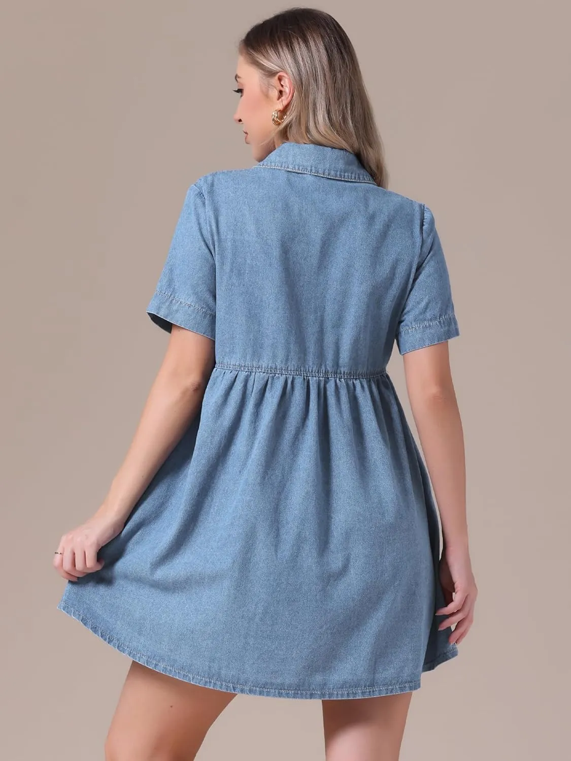 Women's Plus Size Denim Dress Babydoll Collared Short Sleeve Button Down Jean Shirtdress Mini Dresses