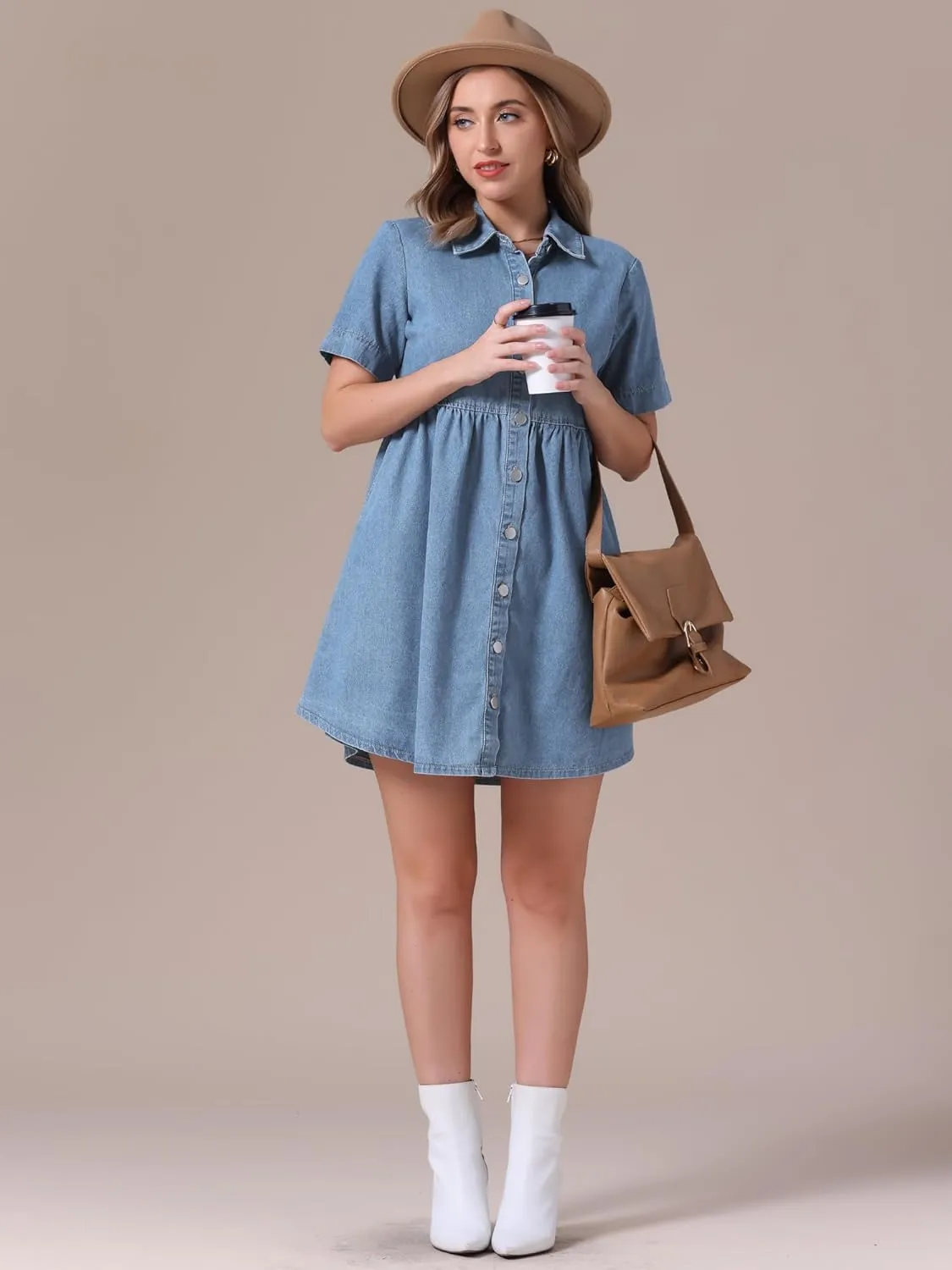 Women's Plus Size Denim Dress Babydoll Collared Short Sleeve Button Down Jean Shirtdress Mini Dresses