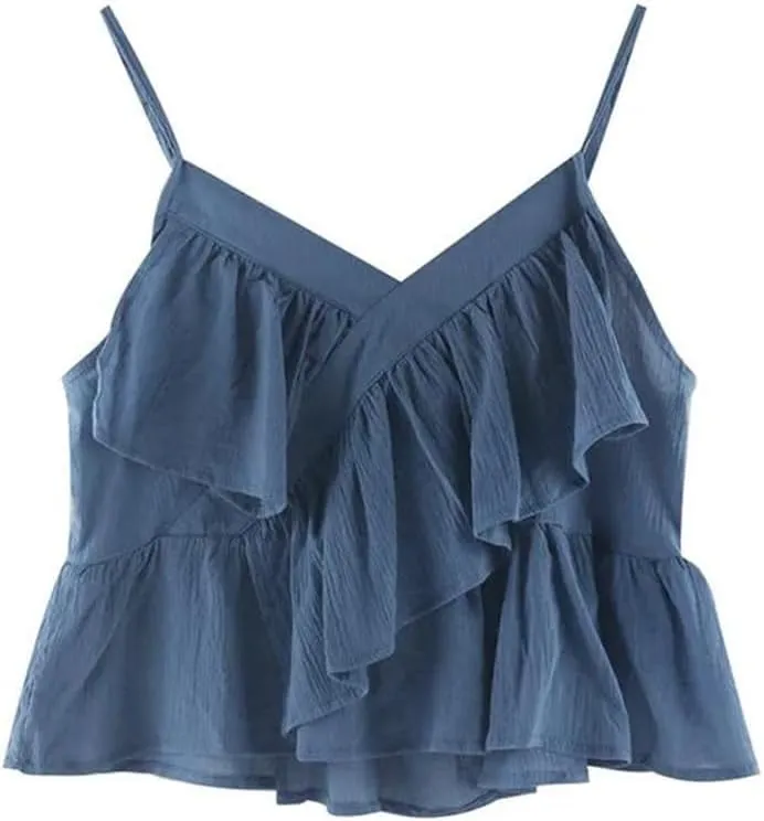 Women's Ruffled V-Neck Sleeveless Puffy Camisole Summer Back Slim Short Sling Tops