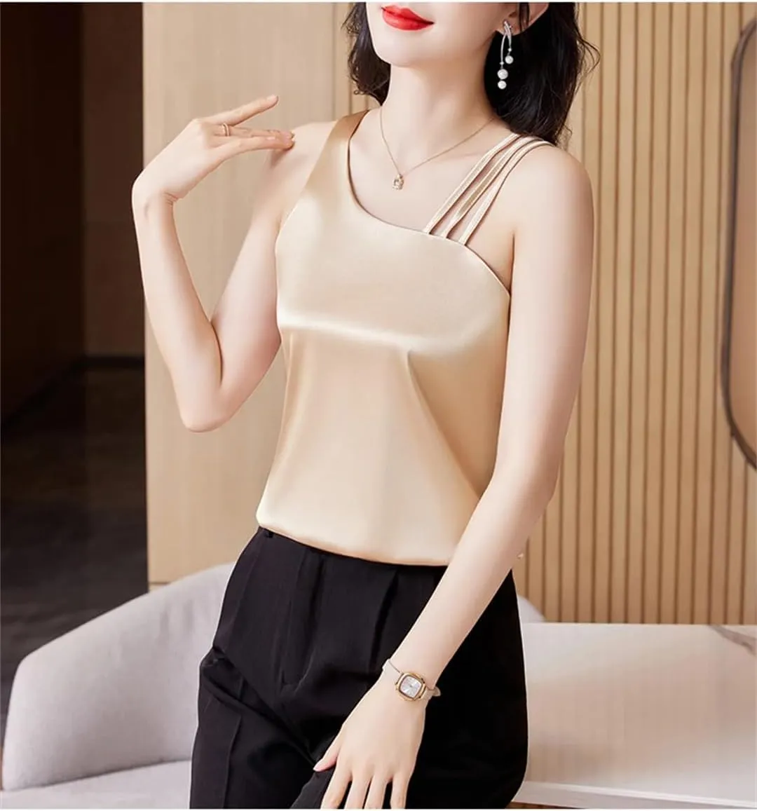 Women's Satin Camisole Shirt Sexy Sleeveless Tank Tops Solid Color Back Crossed Summer Vest