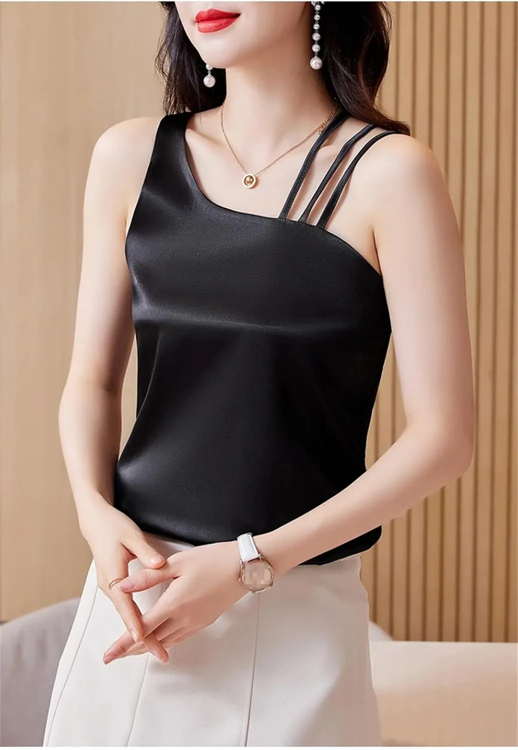Women's Satin Camisole Shirt Sexy Sleeveless Tank Tops Solid Color Back Crossed Summer Vest