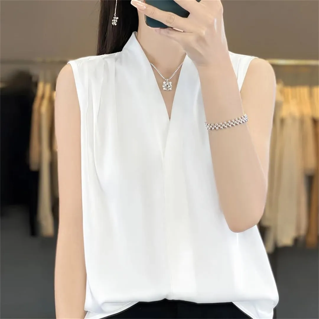 Women's Satin V-Neck Camisole Summer Loose Solid Color Sleeveless Pullover Vest Top
