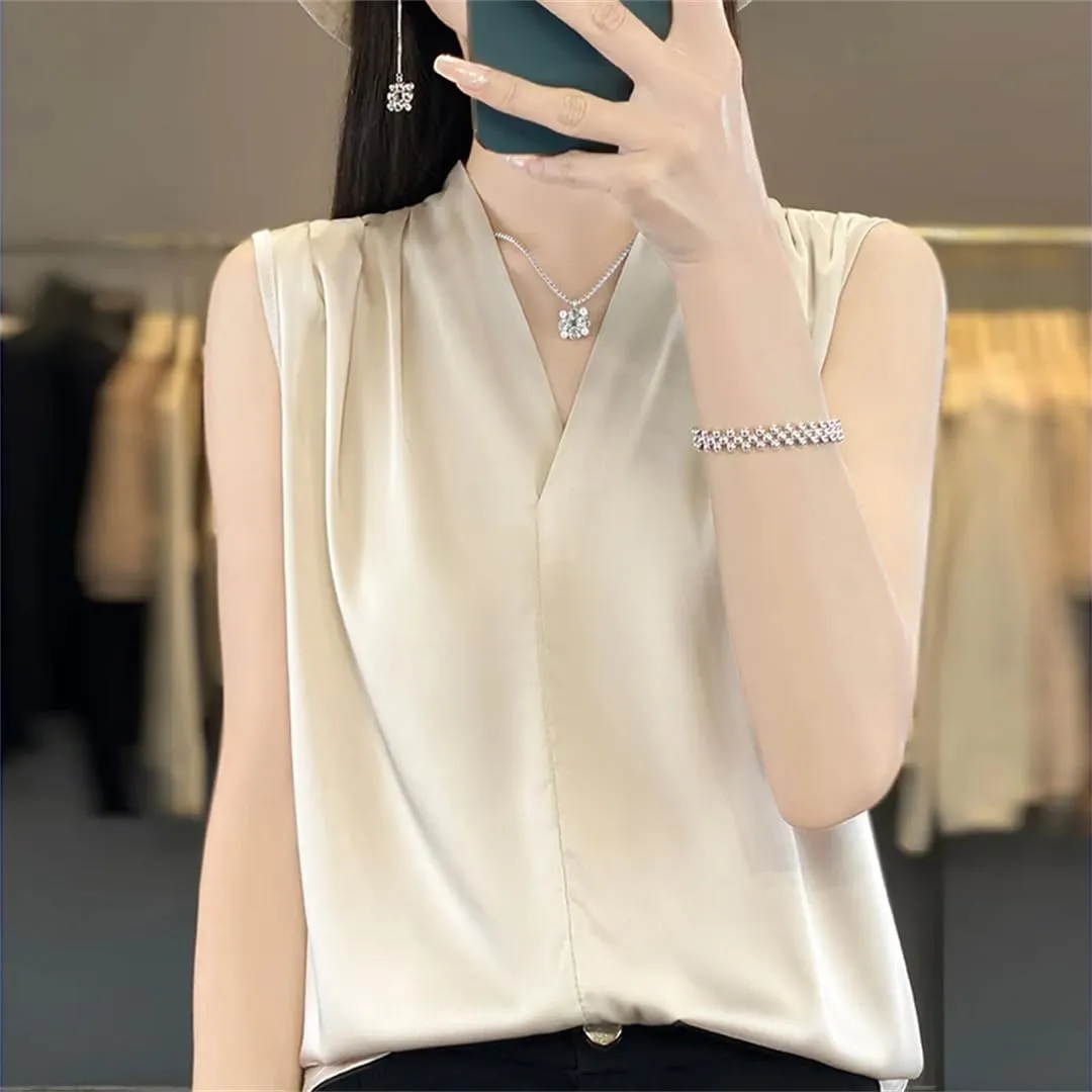 Women's Satin V-Neck Camisole Summer Loose Solid Color Sleeveless Pullover Vest Top