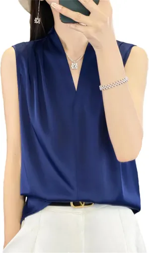 Women's Satin V-Neck Camisole Summer Loose Solid Color Sleeveless Pullover Vest Top
