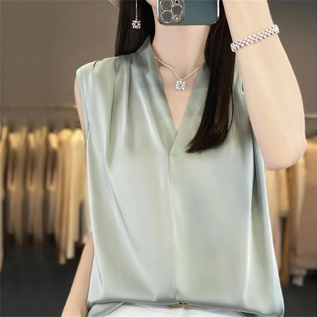Women's Satin V-Neck Camisole Summer Loose Solid Color Sleeveless Pullover Vest Top