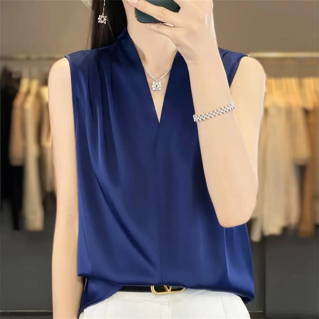 Women's Satin V-Neck Camisole Summer Loose Solid Color Sleeveless Pullover Vest Top