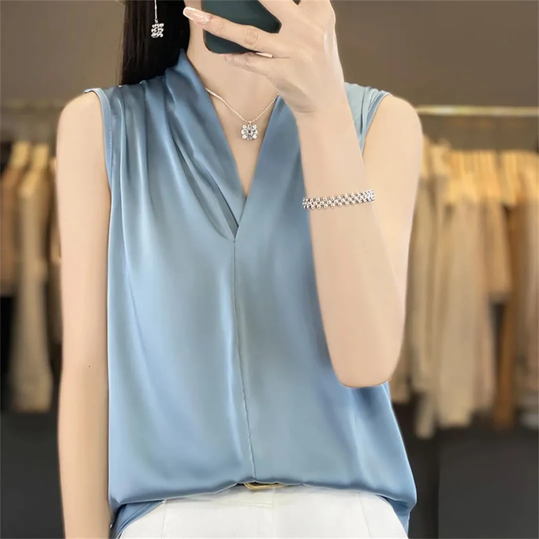 Women's Satin V-Neck Camisole Summer Loose Solid Color Sleeveless Pullover Vest Top