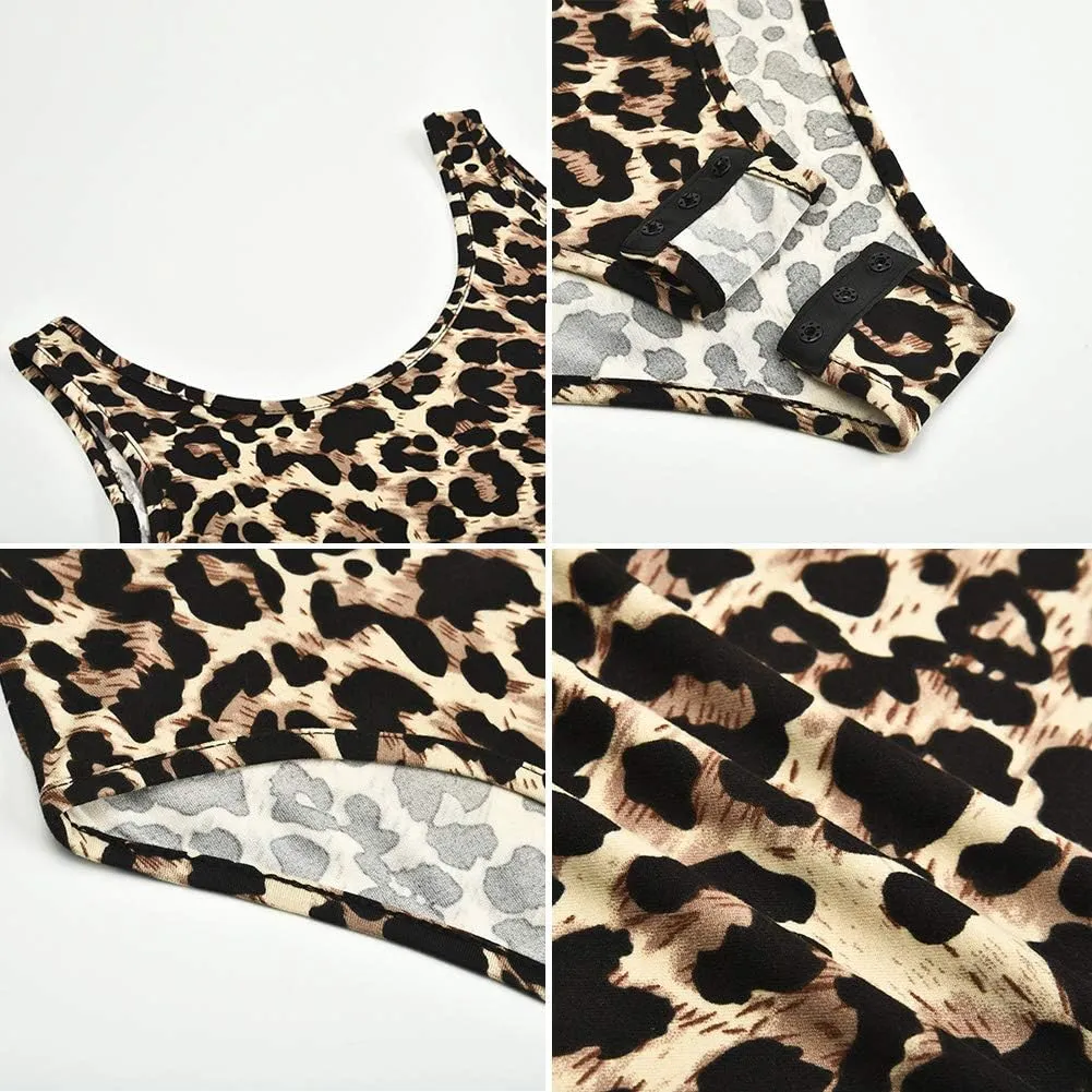 Women's Sexy Bodysuit Leopard Snake Skin Leotard Tank Top Sleeveless Scoop Neck Bodycon Jumpsuit Onesie Romper