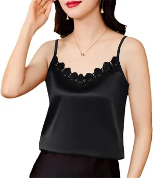 Women's Sexy Silk Satin Tank Tops Camisole Spring Summer V-Neck Patchwork Vest Shirt