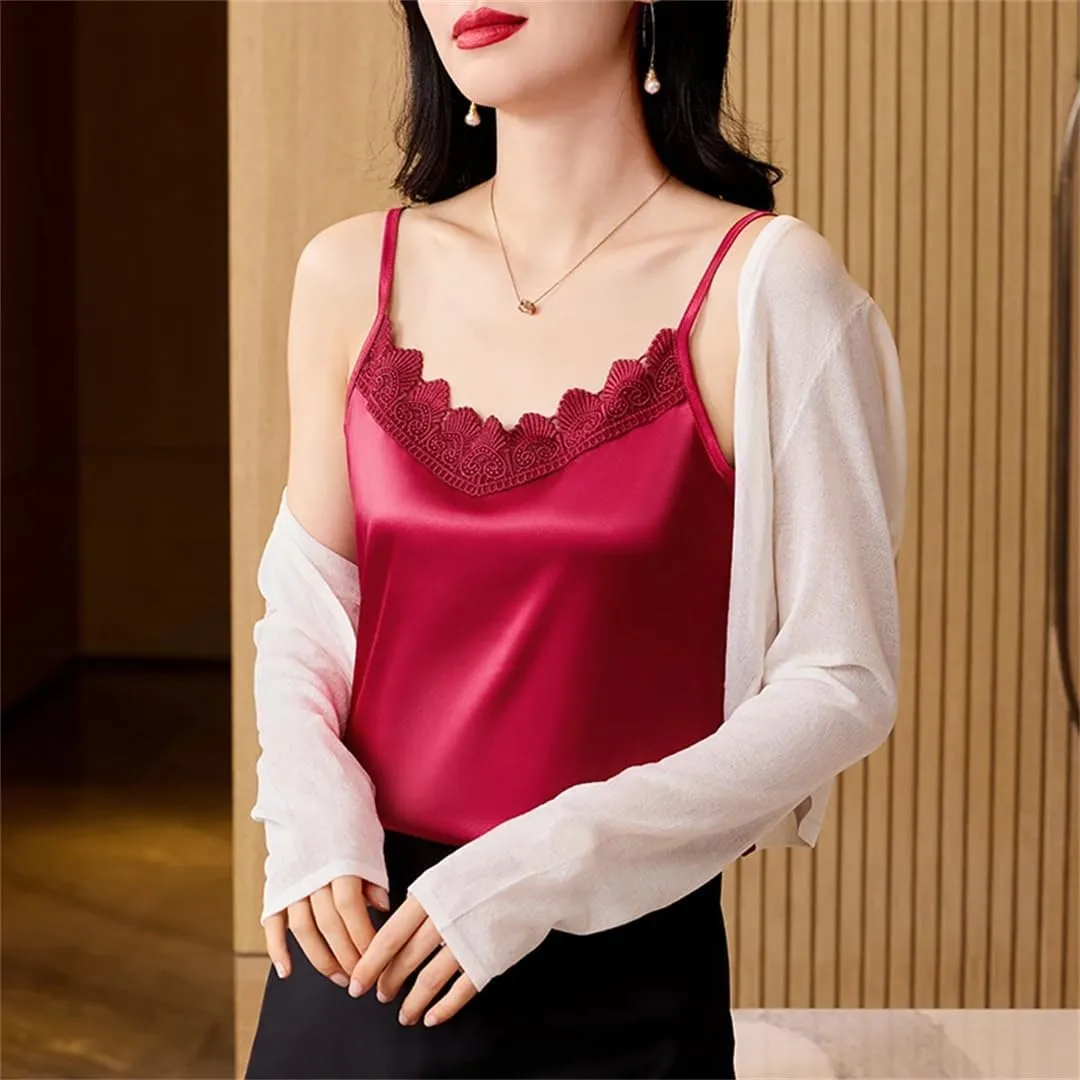 Women's Sexy Silk Satin Tank Tops Camisole Spring Summer V-Neck Patchwork Vest Shirt