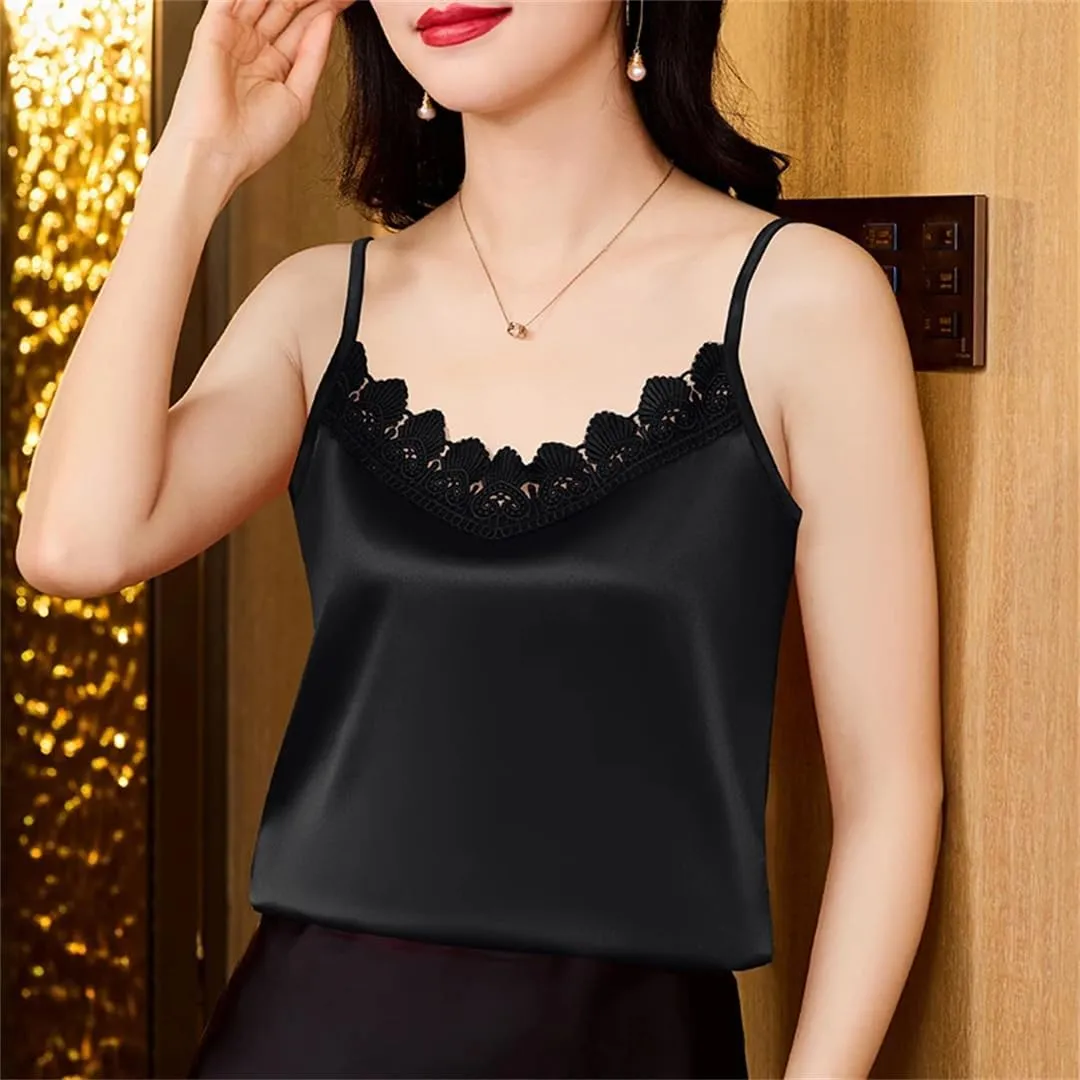 Women's Sexy Silk Satin Tank Tops Camisole Spring Summer V-Neck Patchwork Vest Shirt