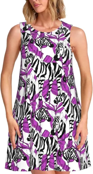 Womens Sleeveless Dress A-Line Flare Tank Dress Loose Sun Dresses Summer Flowy Swing Sundress Round Neck Outfit
