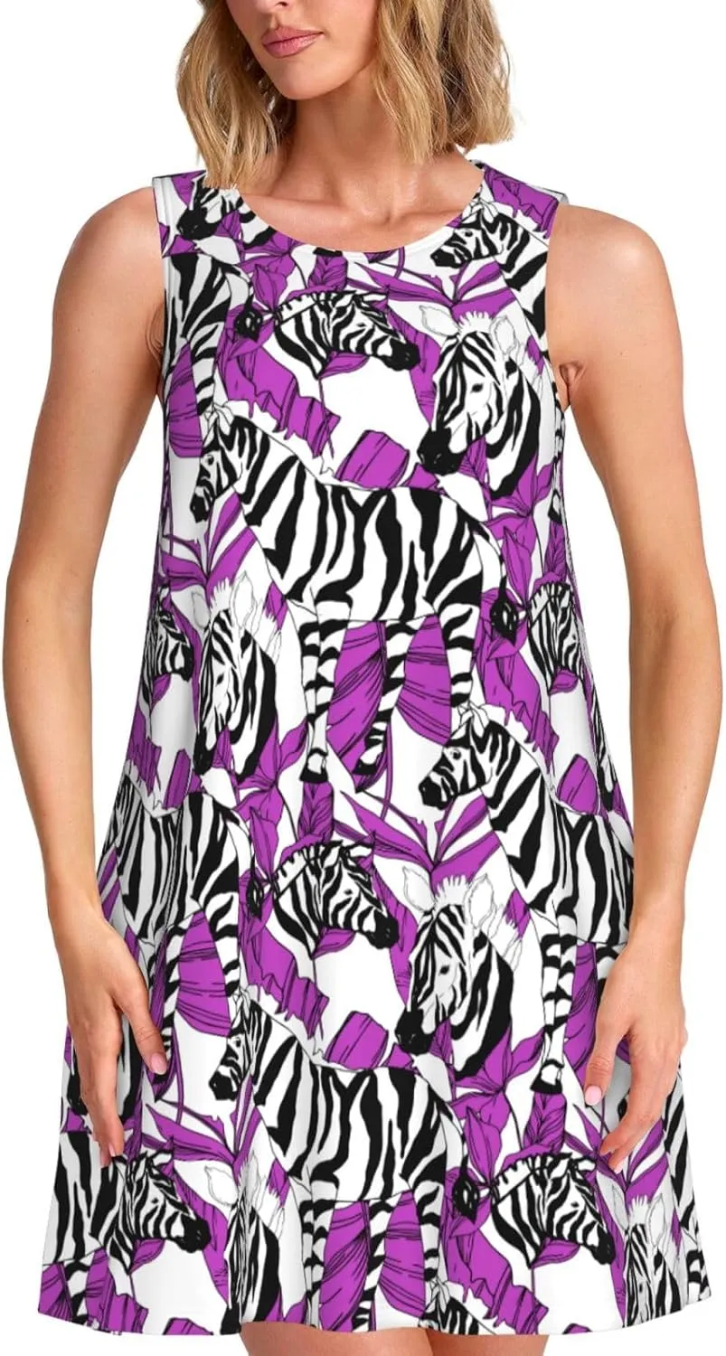 Womens Sleeveless Dress A-Line Flare Tank Dress Loose Sun Dresses Summer Flowy Swing Sundress Round Neck Outfit