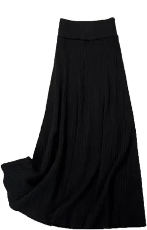 Women's Solid Color Pleated Knit Skirt Stretch High Waist A-Line Office Midi Skirts
