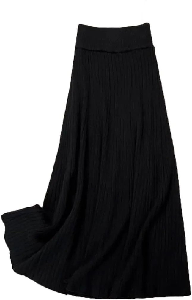 Women's Solid Color Pleated Knit Skirt Stretch High Waist A-Line Office Midi Skirts