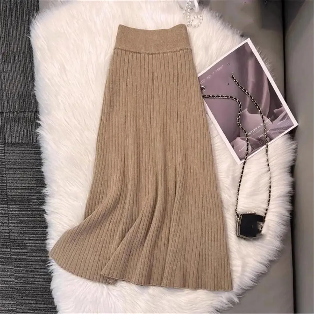 Women's Solid Color Pleated Knit Skirt Stretch High Waist A-Line Office Midi Skirts